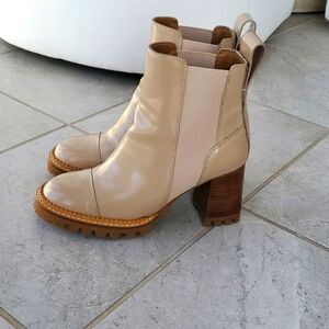 See by chloe booties.  Beige size 38 heel 3 inch. Patent leather.